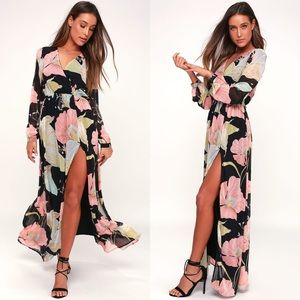 Lulus Black Floral Print Maxi Dress XS